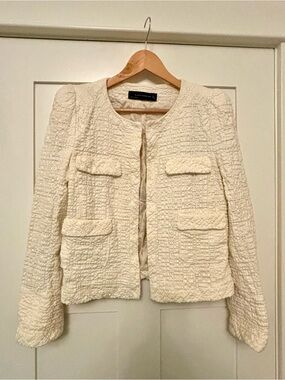 Zara Woman Cream Textured Bouclé Jacket L